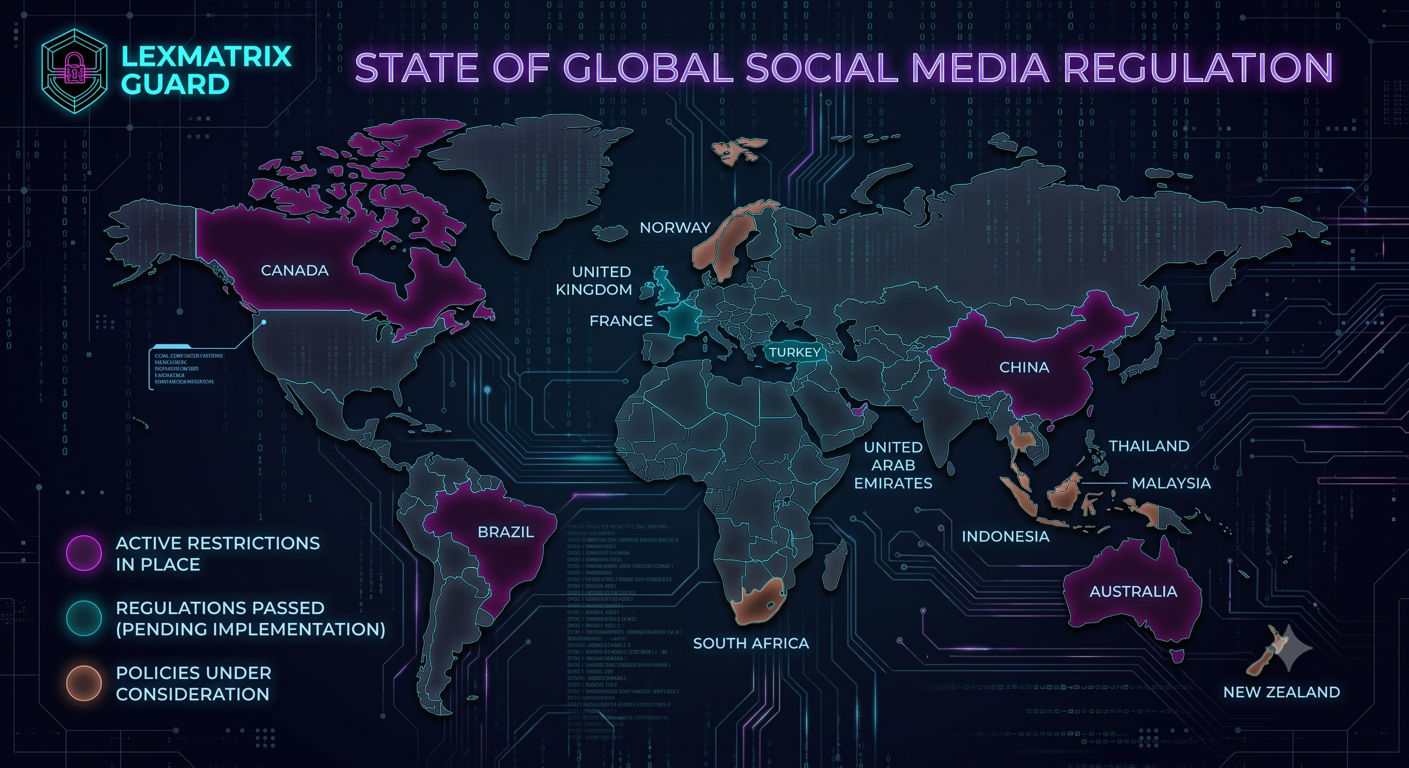Global map showing countries with active and incoming social media bans for minors